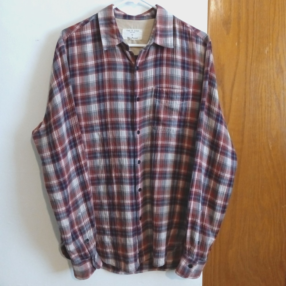 rag & bone Mens Lightweight Flannel Shirt Red Gray Plaid Missing Button  Size M